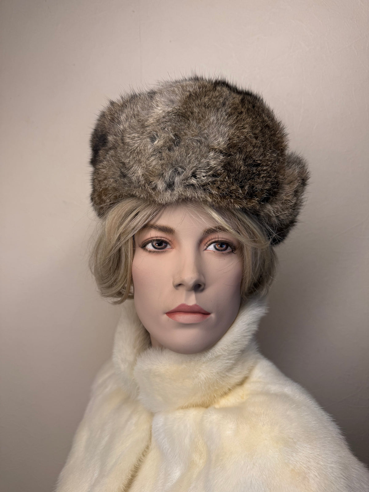 Vintage Kaninchenfell Ushanka Wintermütze Echtpelz Braun Russische Pelzmütze Unisex Trapper Hat