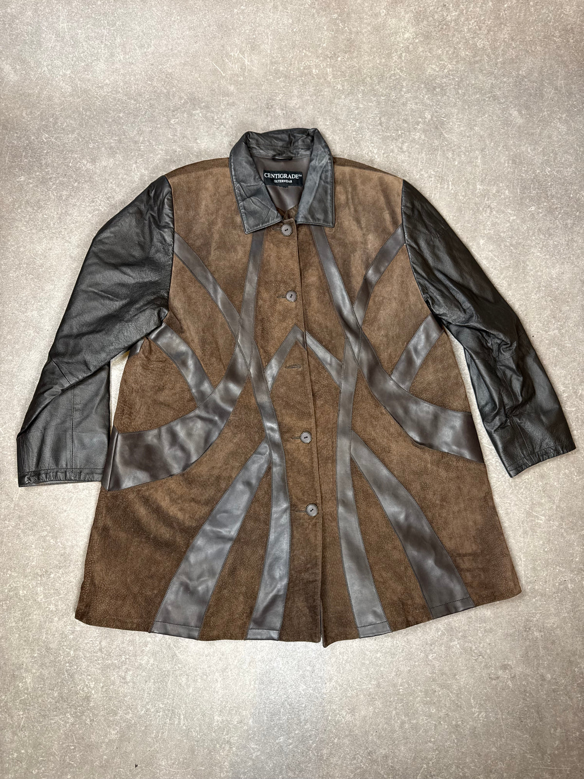 Centigrade Vintage Lederjacke Braun Schwarz Patchwork Echtleder Mantel 44