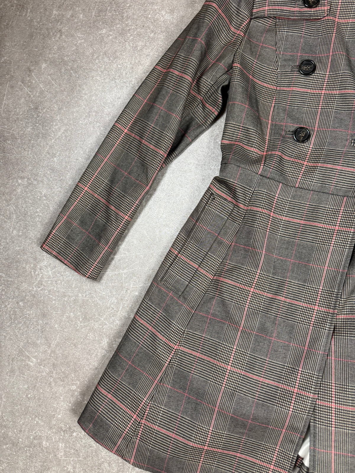 H&M Damen Trenchcoat Mantel Gr. 38 Grau Rosa Glencheck Karo mit Gürtel