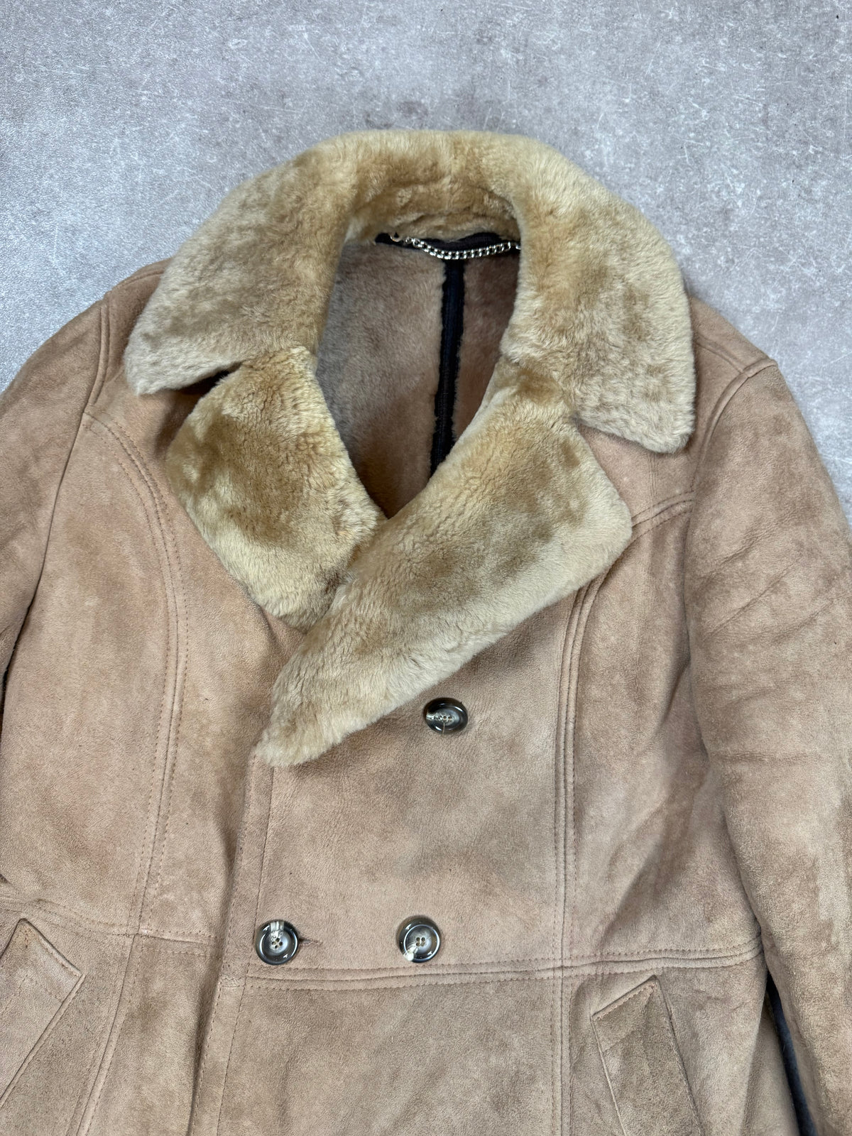 Vintage Lammfellmantel Echtfell Shearling Beige Zweireihig