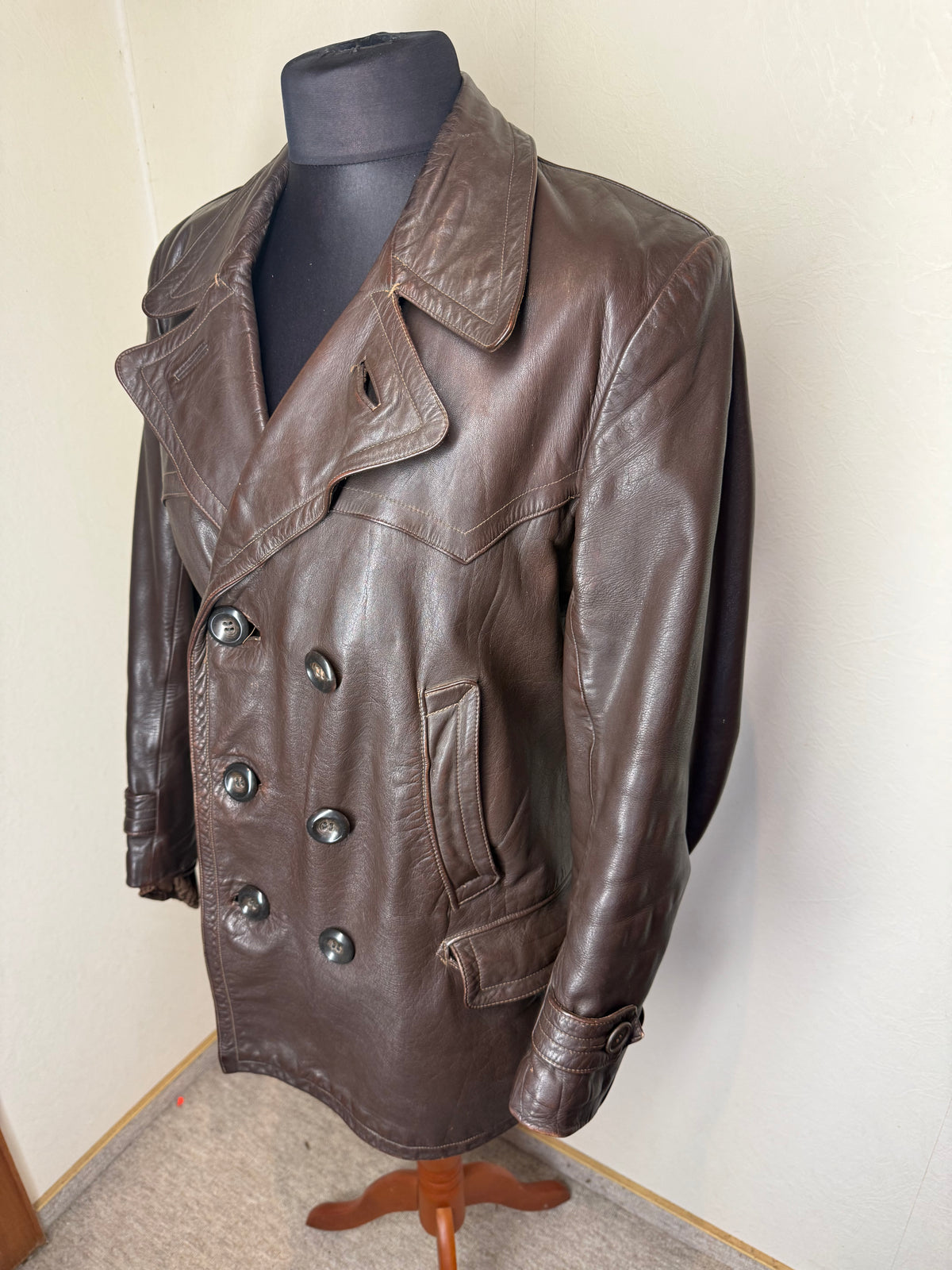 Original NSKK Lederjacke 1930er 40er Motorrad Fahrermantel Braun nummeriert