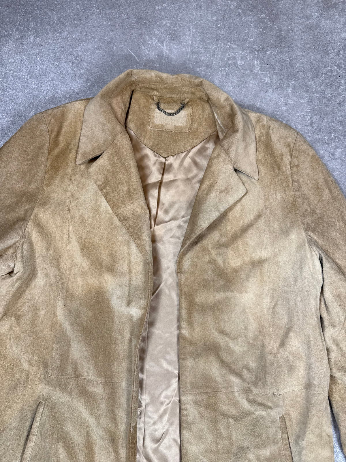 Vintage Damen Ledermantel Lang Veloursleder Beige Sand – ca. Gr. M/L