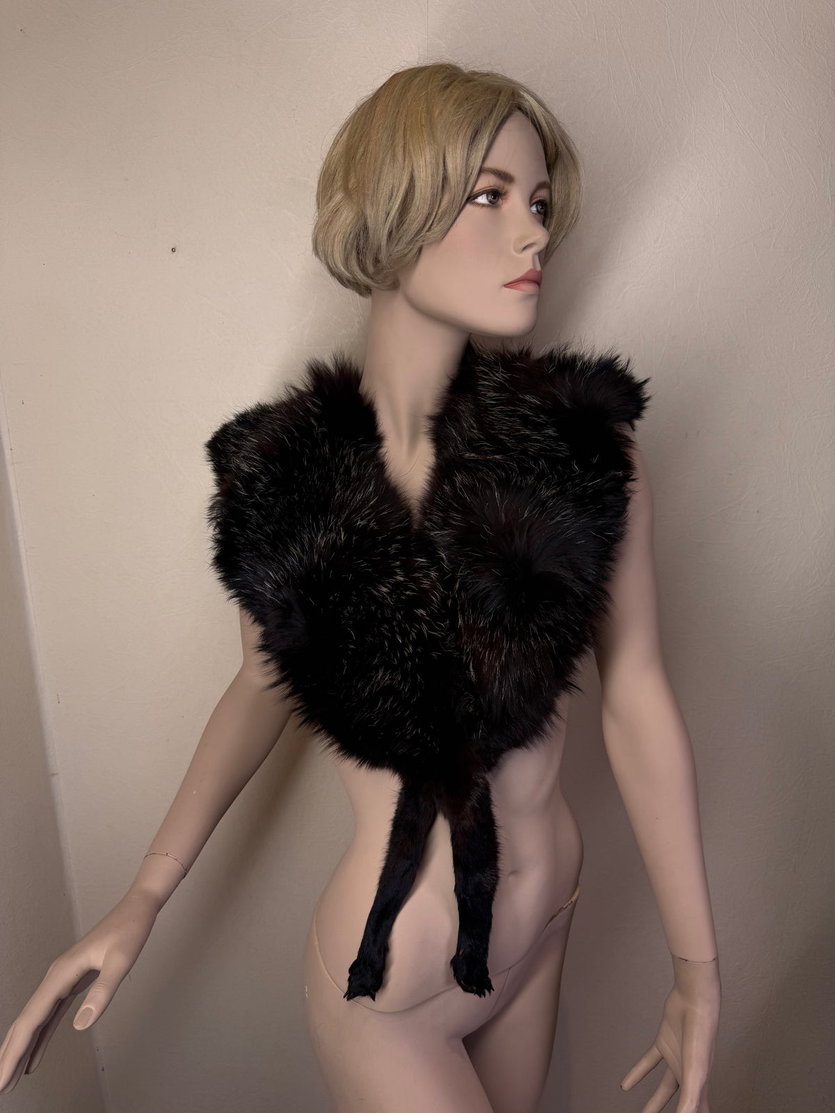 Vintage Silberfuchs Pelzstola Schwarz Echtfell Fuchs Fox Fur mit Pfoten ca. 110 cm