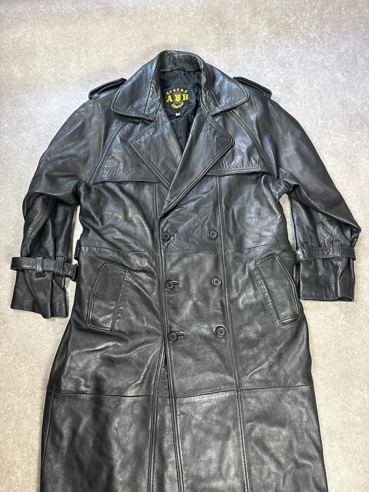 Langer Leder Mantel Damen Schwarz Vintage Trenchcoat Echtleder AB Collection Gr. L