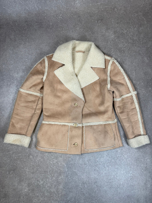 Vintage Damen Lammfelljacke Beige – Shearling Lederjacke mit Fellkragen