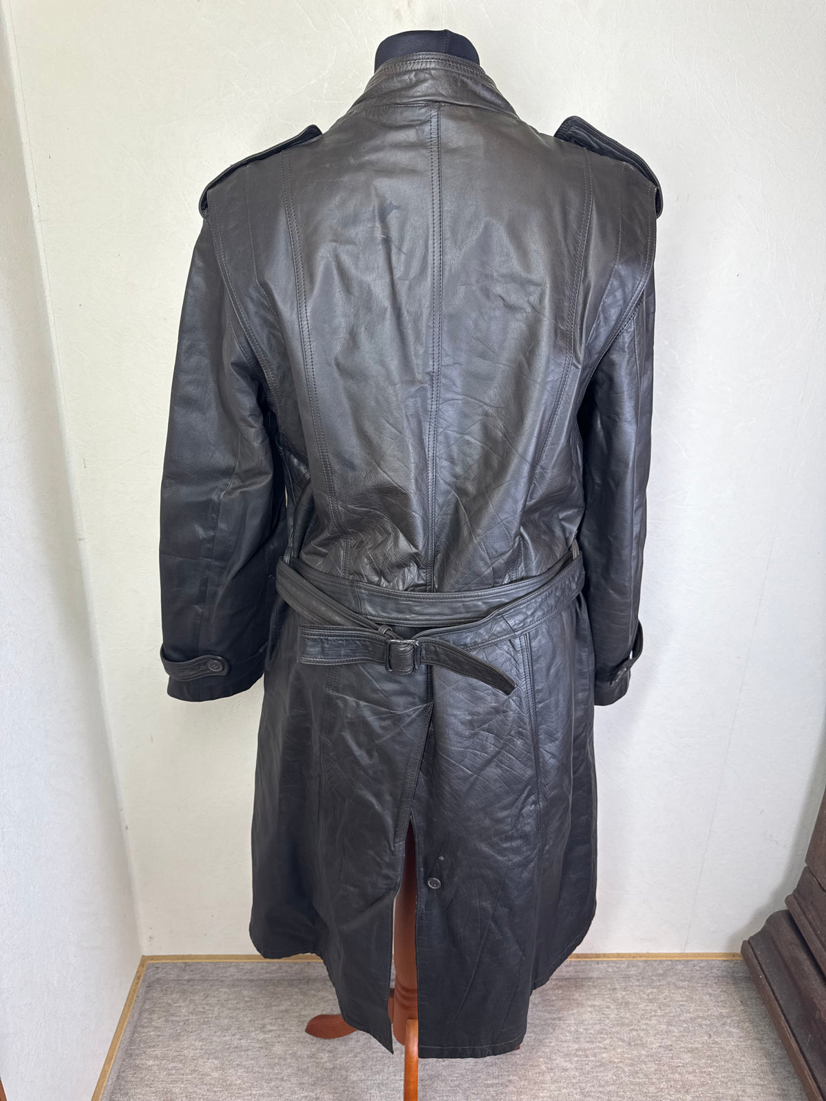 Vintage Leder Mantel Damen Schwarz Gr. ca. L XL Echtleder Langmantel Trench Coat Gürtel
