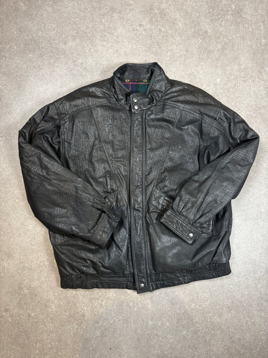 Vintage Herren Lederjacke Schwarz – Echtleder Bikerjacke Tartan-Futter Gr. 56