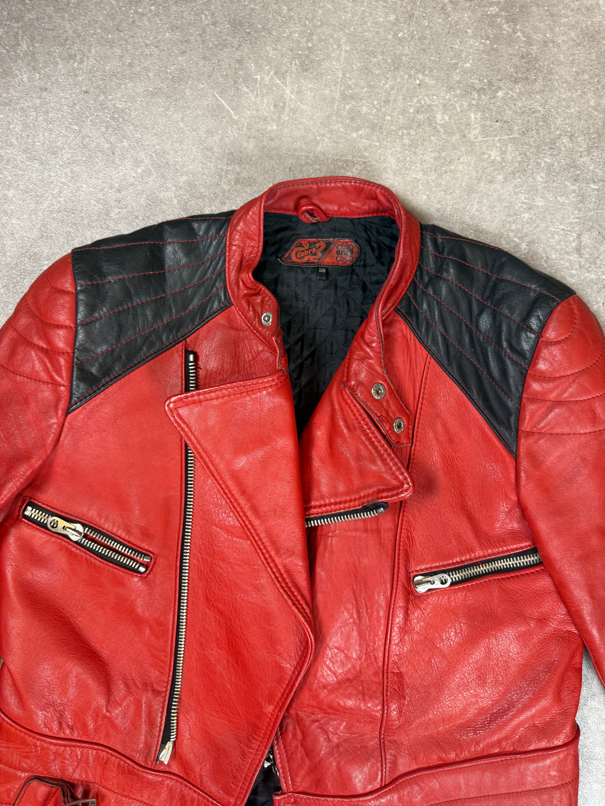 Vintage Cobra Lederjacke Gr. 50 Rot Schwarz Echtleder Biker Motorradjacke