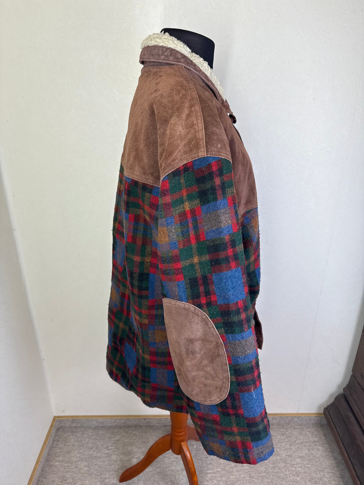 Vintage Lammfelljacke Gr. 48 Karojacke Echtleder Wolle Teddyfutter Oversize