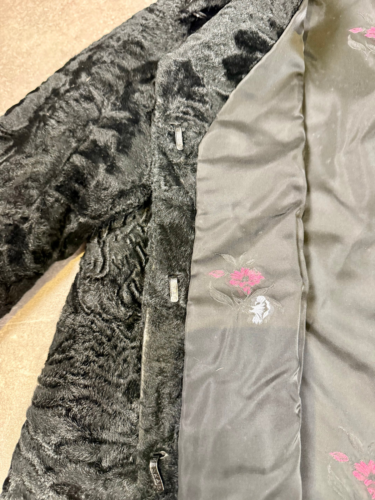 Vintage Persianer Pelzmantel Karakul Lammfell Schwarz Damen Echtpelz Gr. M-L