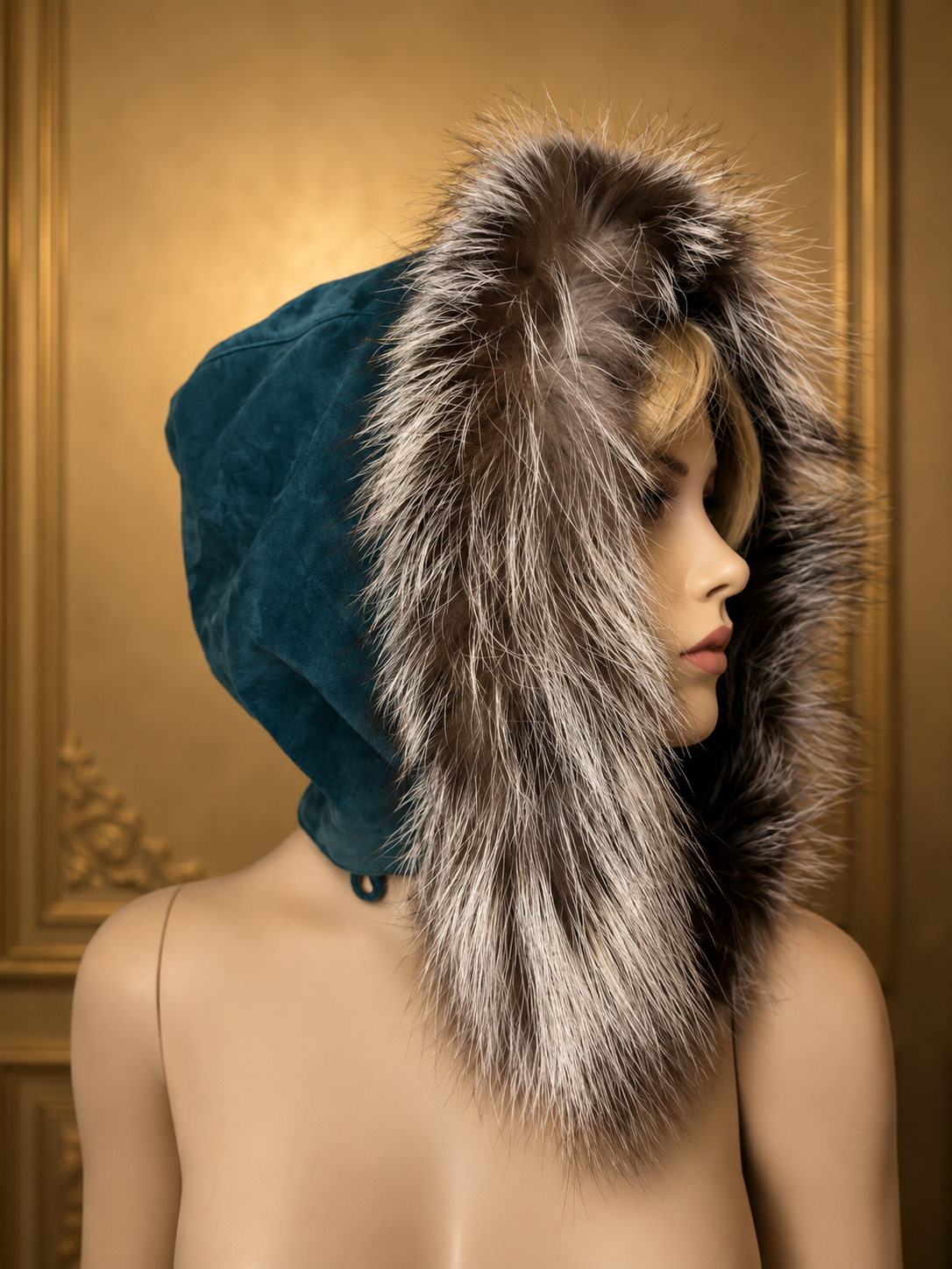 Vintage Veloursleder Kapuze Mit Silberfuchs Echtfell Blau Türkis Fellkapuze Pelzkapuze Fox Fur Hood