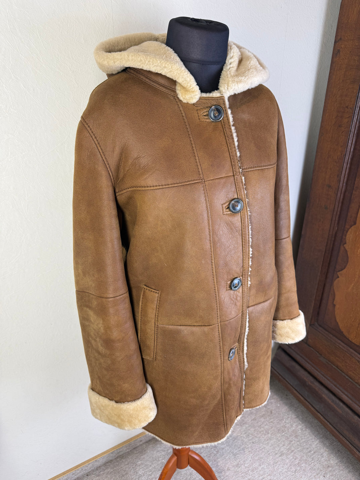 CHRIST Lammfellmantel Damen Braun Vintage Echtleder Shearling Kapuze