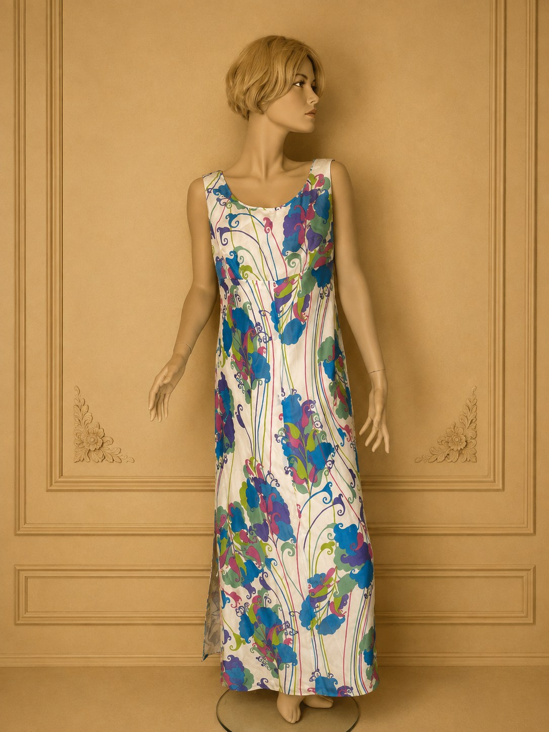 Vintage Damen Maxikleid 70er/80er – Buntes Blumenmuster Psychedelic