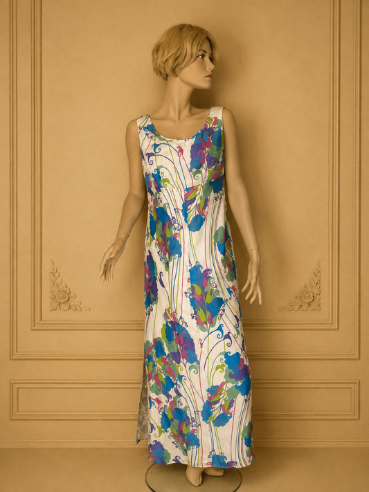Vintage Damen Maxikleid 70er/80er – Buntes Blumenmuster Psychedelic