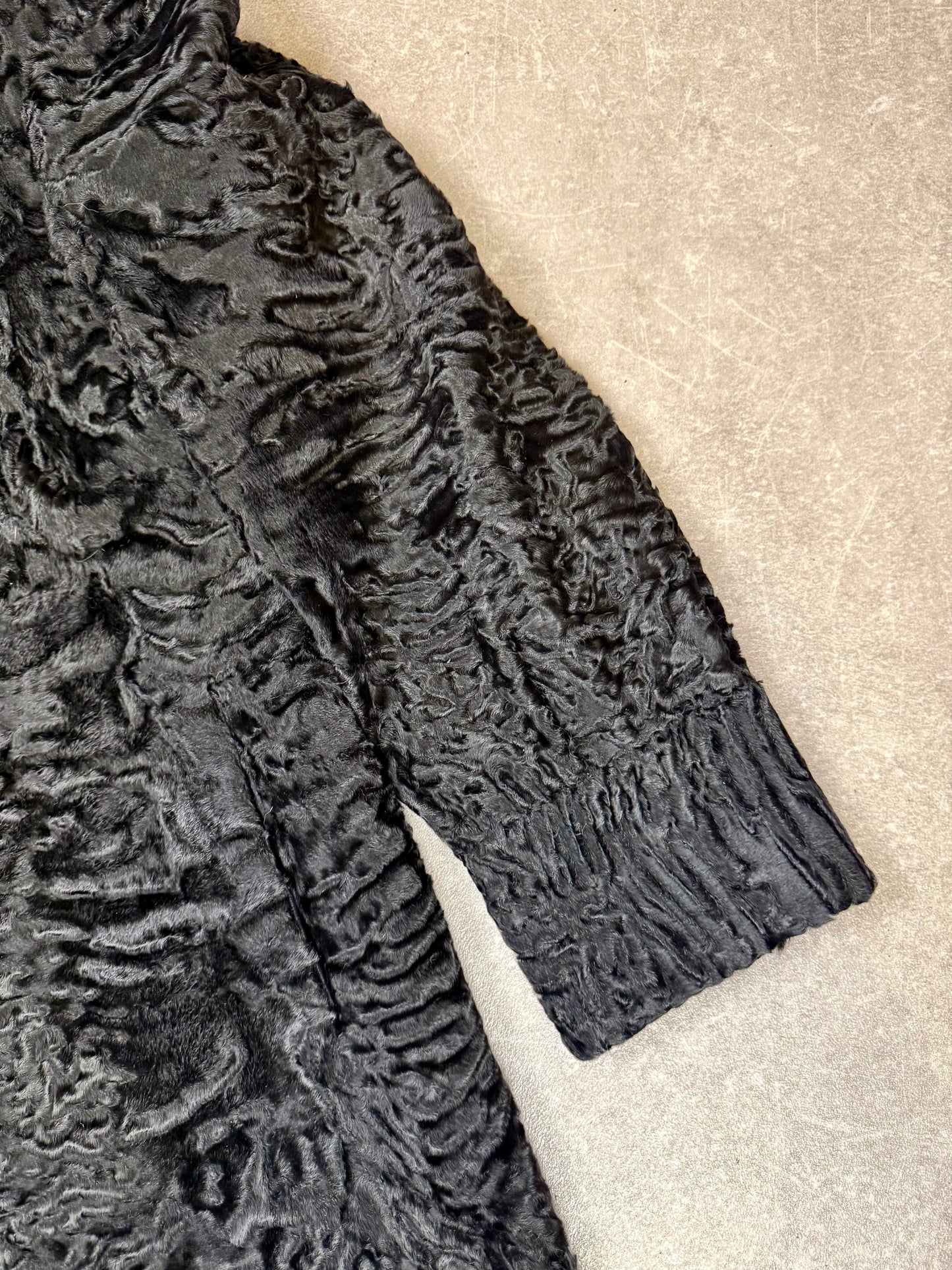 Vintage Persianer Pelzmantel Karakul Lammfell Schwarz Kapuze Damen Echtpelz L