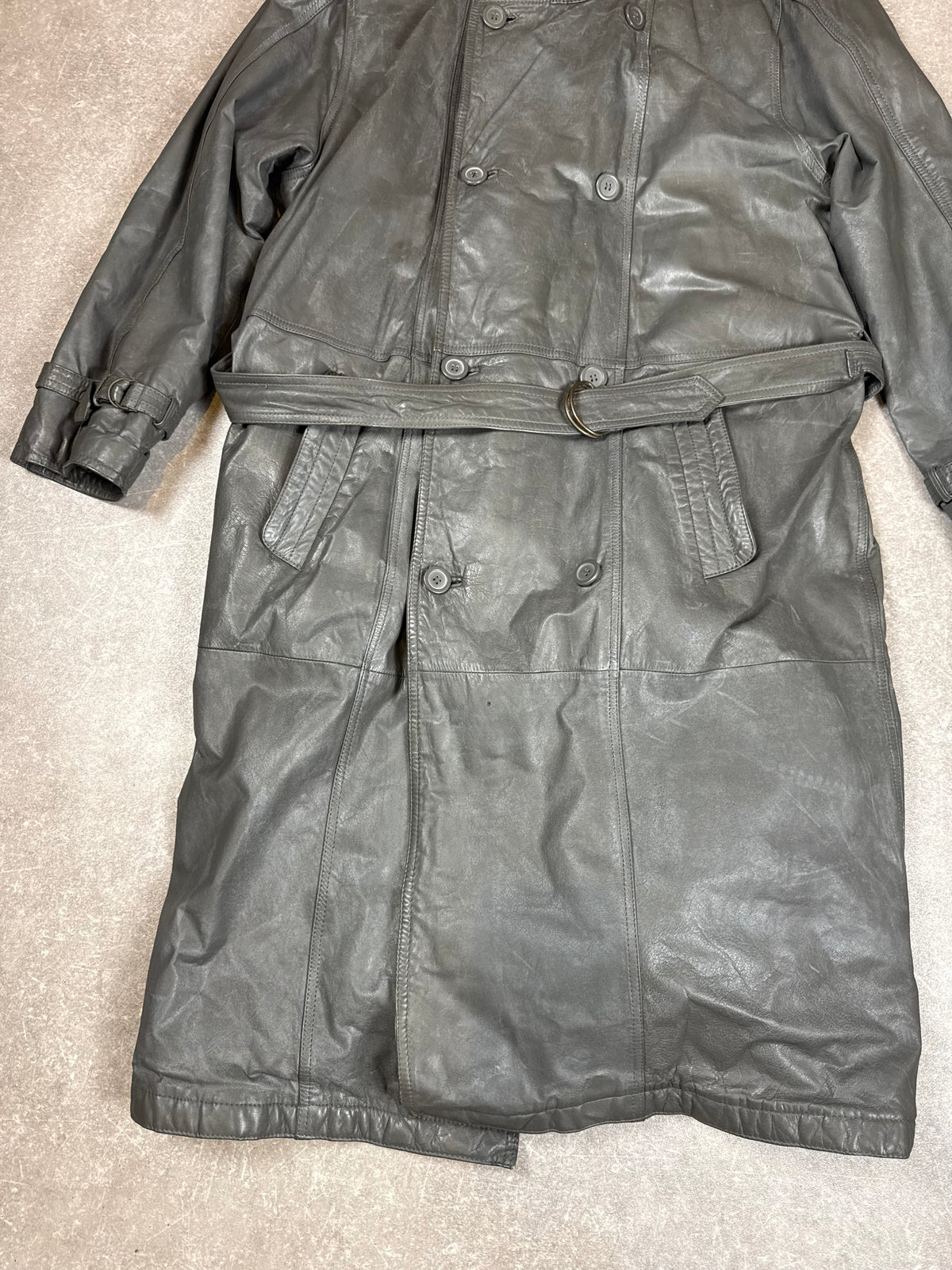 Vintage Herren Ledermantel Gr. 54 Grau Echtleder Trenchcoat mit Gürtel