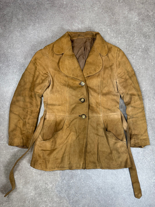Vintage Damen Wildlederjacke Braun Cognac 70er Jahre Tailliert mit Gürtel
