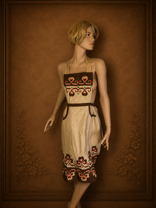 Vintage Latzschürze Damen Creme Braun Bestickt Retro Trägerschürze