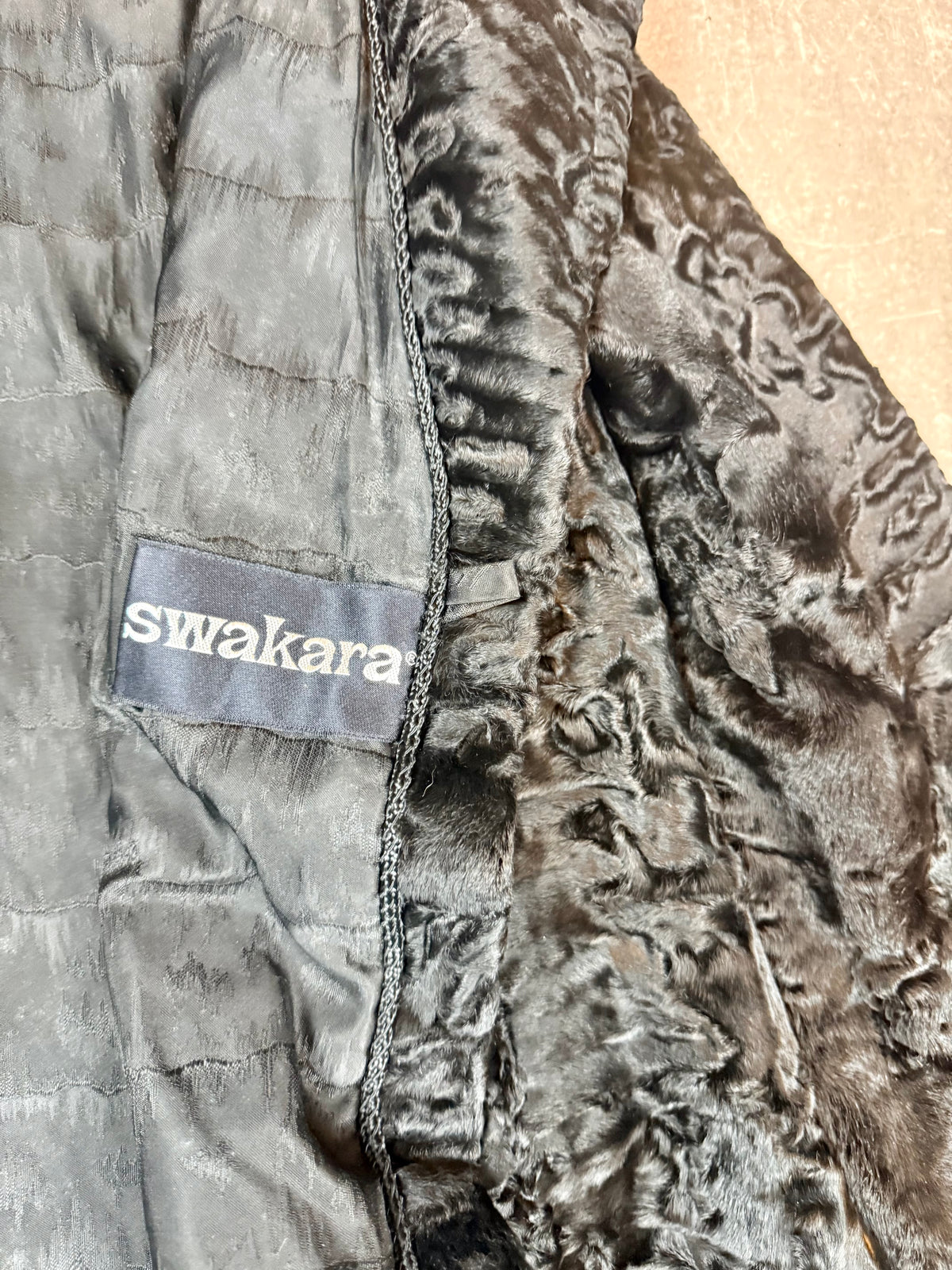 Vintage Swakara Persianer Pelzmantel Schwarz Karakul Lammfell Damen Echtpelz Mantel M