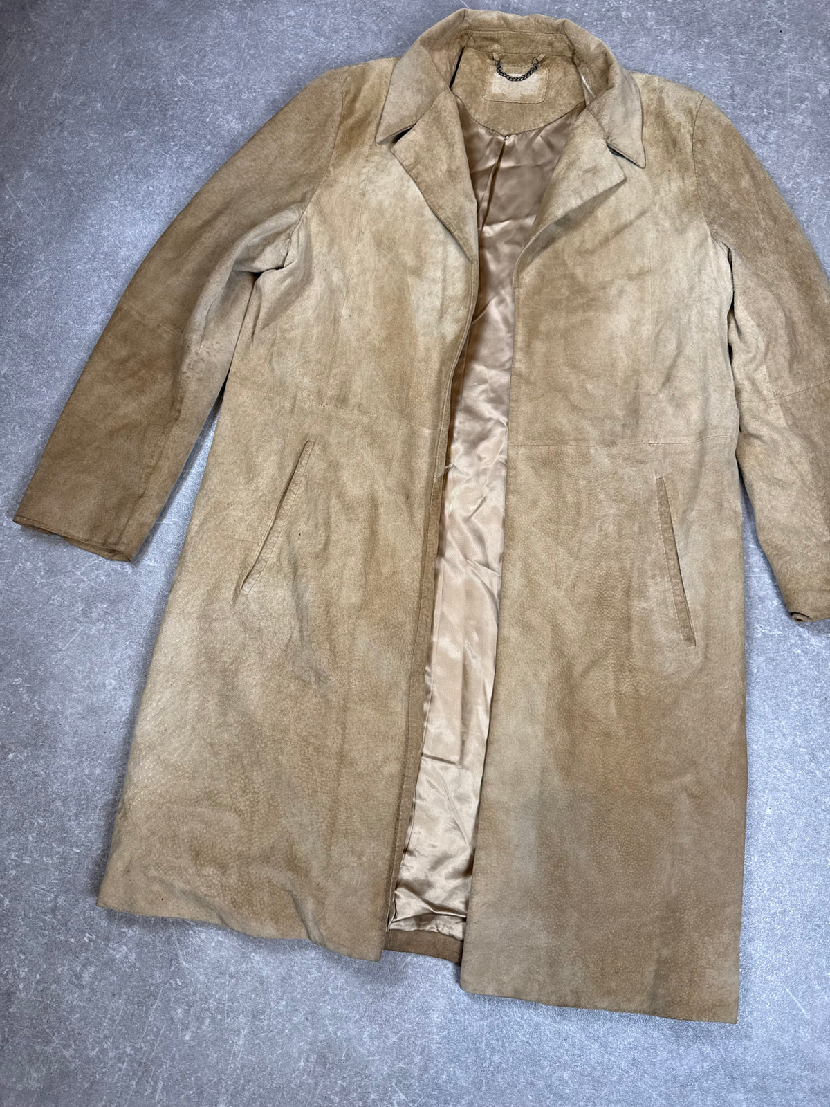 Vintage Damen Ledermantel Lang Veloursleder Beige Sand – ca. Gr. M/L