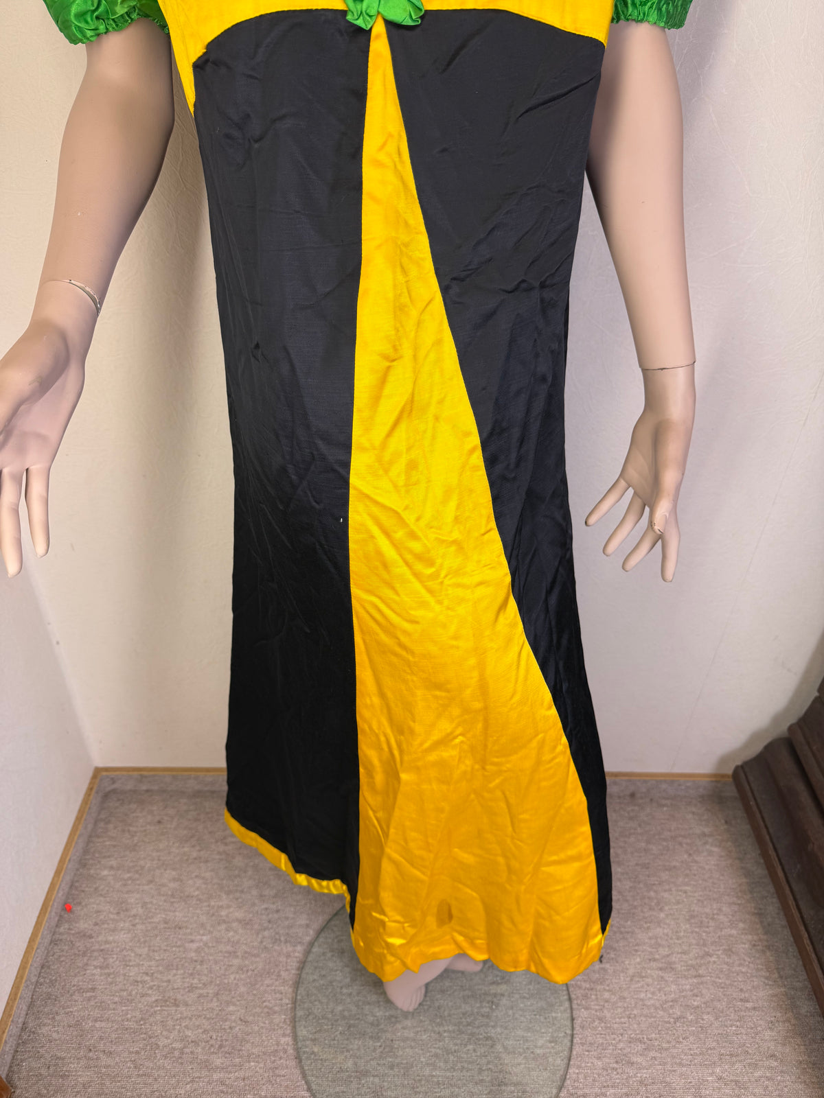 Vintage Maxikleid Damen – Gelb Schwarz Grün mit Puffärmeln & Schleife