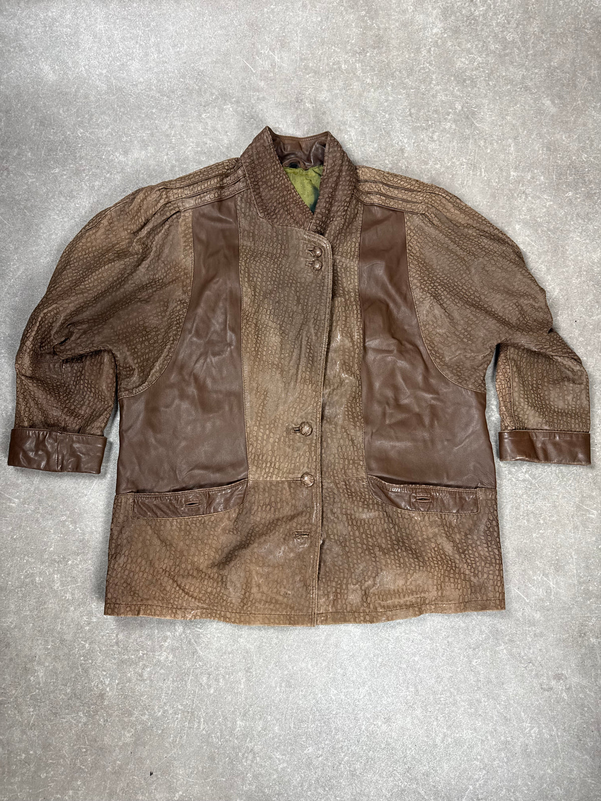 Vintage Lederjacke Damen Braun Kroko Optik Gr. M-L Oversize Echtleder 80er 90er