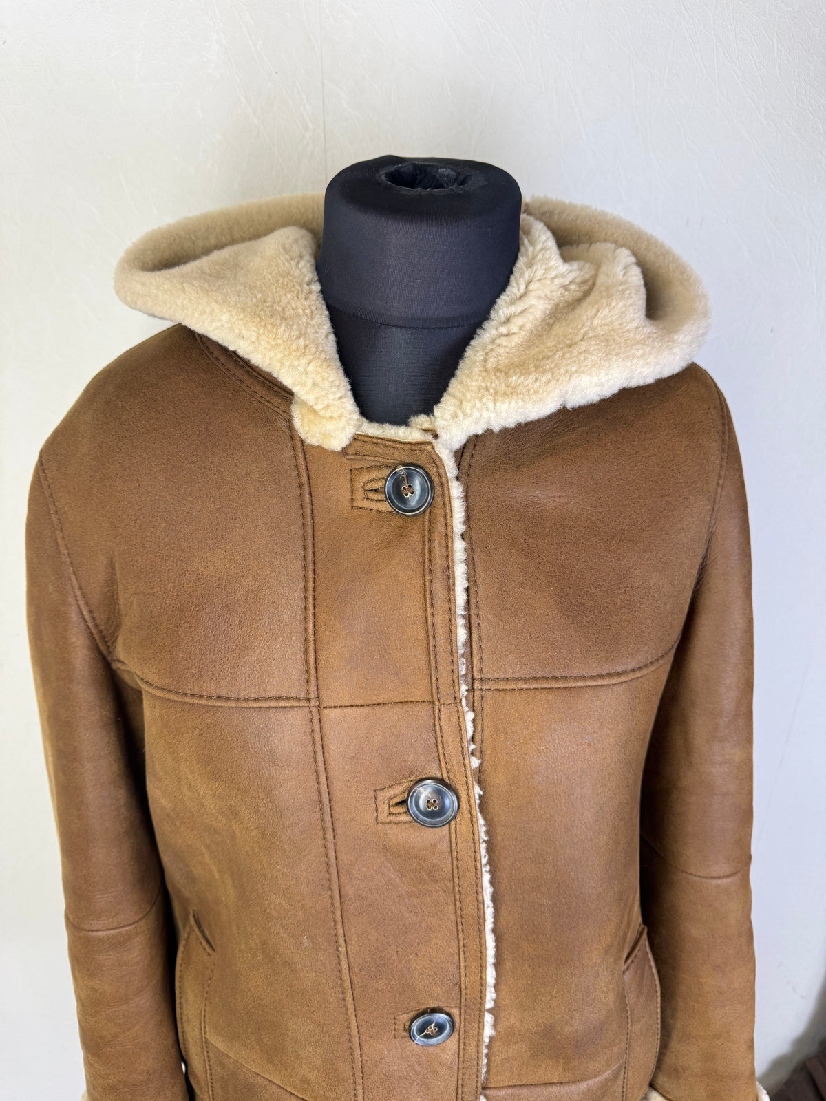 CHRIST Lammfellmantel Damen Braun Vintage Echtleder Shearling Kapuze