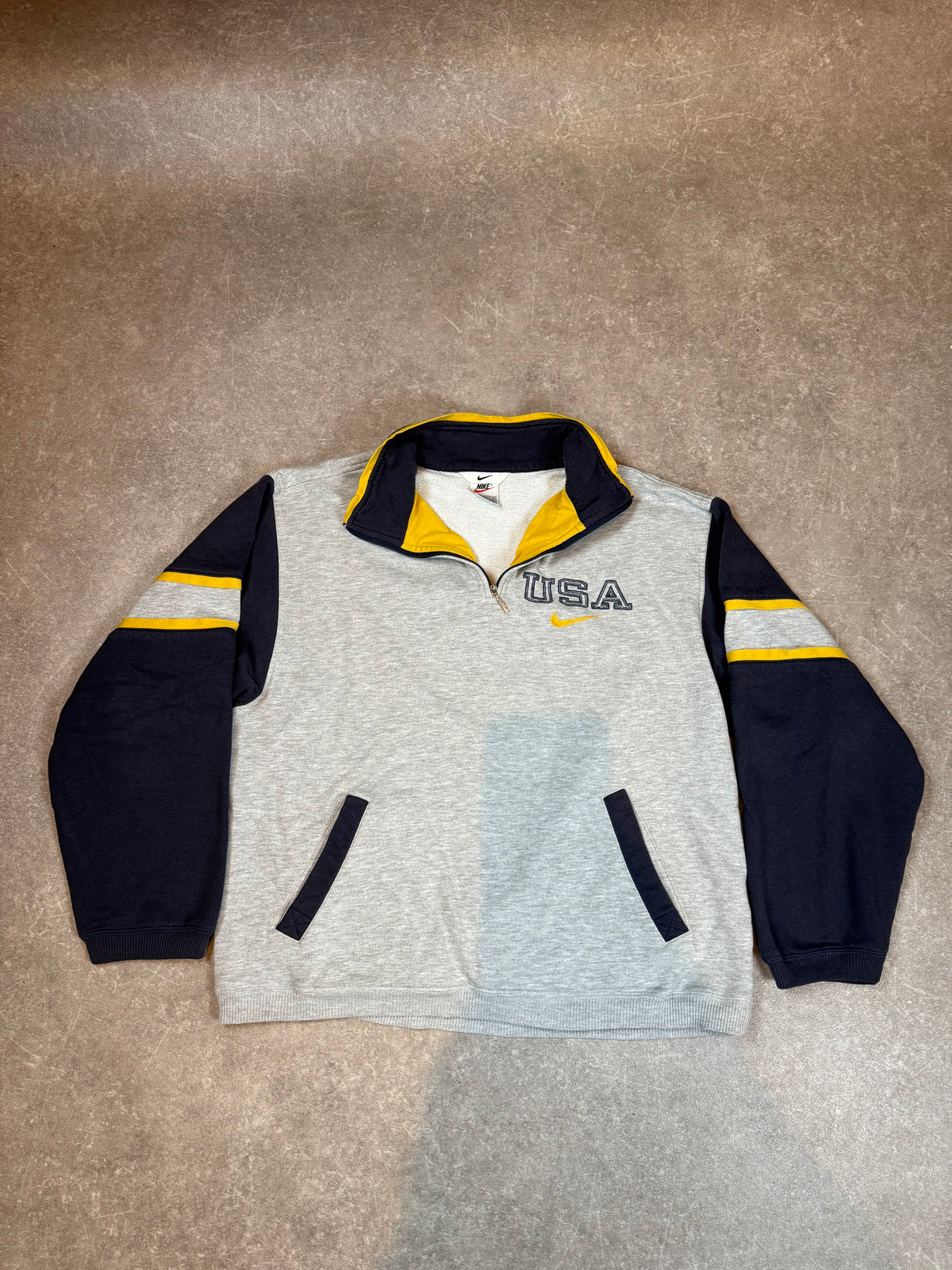 Vintage Nike USA Sweatshirt Half Zip Grau Navy Gelb 90er Größe M