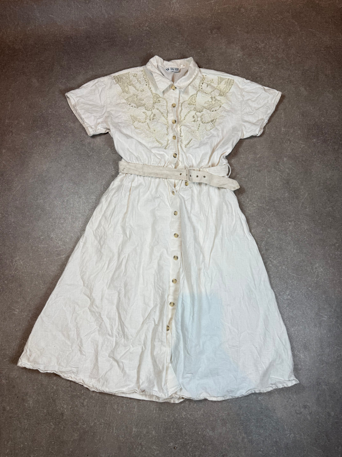 Vintage TOGETHER Hemdblusenkleid Weiß – Stickerei Spitze Gürtel 80er/90er