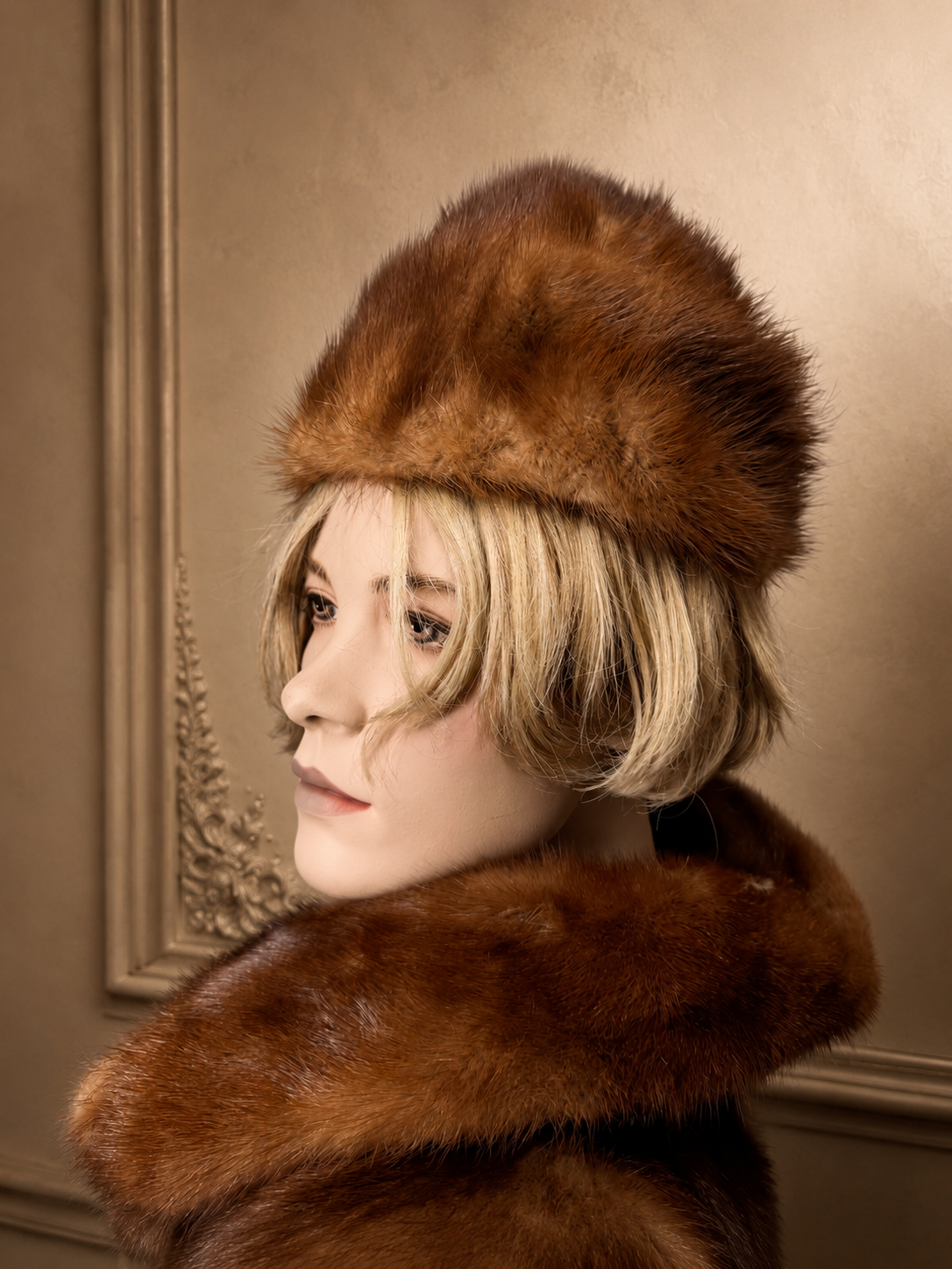 Edle Nerz Pelzmütze Braun Vintage Echtpelz Winter Damen Klassisch Elegant