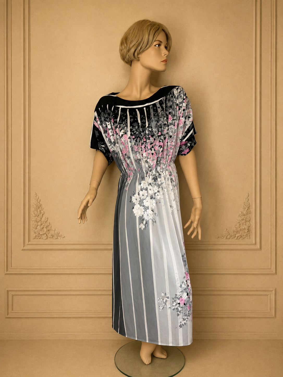 Vintage 80er Maxikleid Damen – Schwarz Grau Rosa Blumen & Streifen