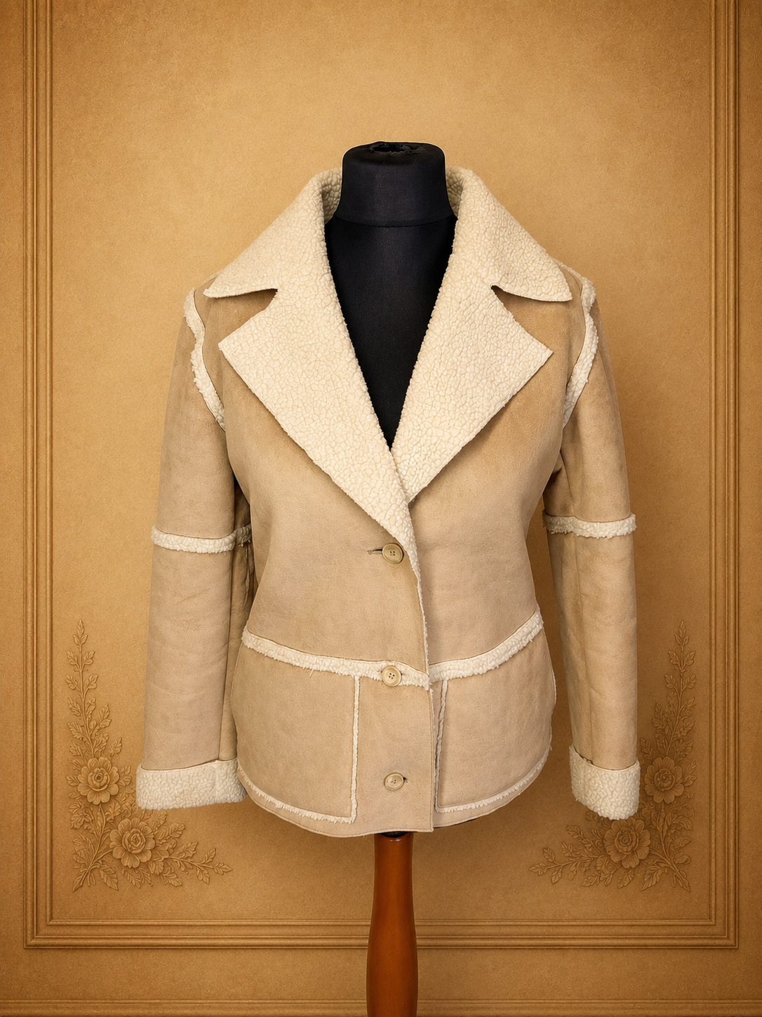 Vintage Damen Lammfelljacke Beige – Shearling Lederjacke mit Fellkragen