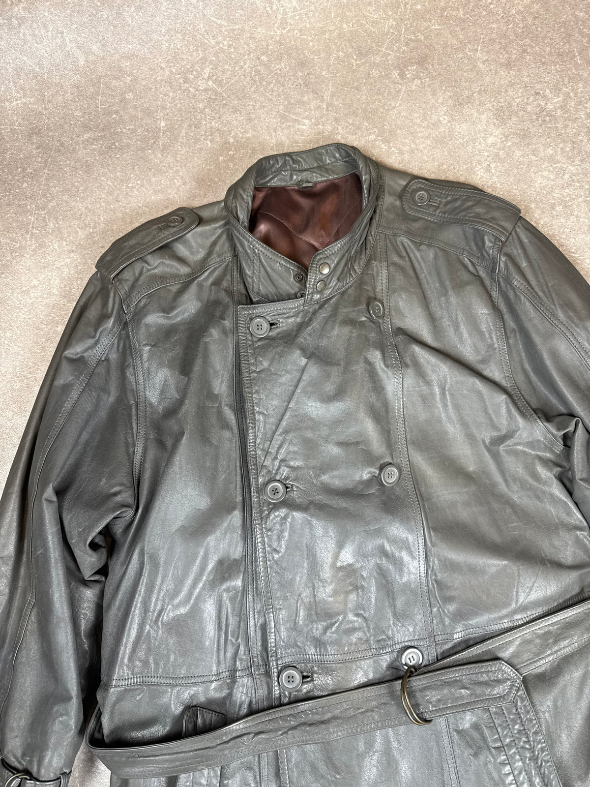 Vintage Herren Ledermantel Gr. 54 Grau Echtleder Trenchcoat mit Gürtel