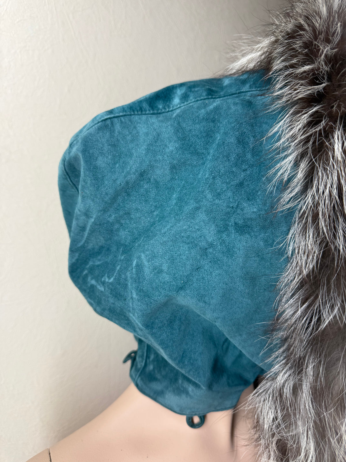 Vintage Veloursleder Kapuze Mit Silberfuchs Echtfell Blau Türkis Fellkapuze Pelzkapuze Fox Fur Hood