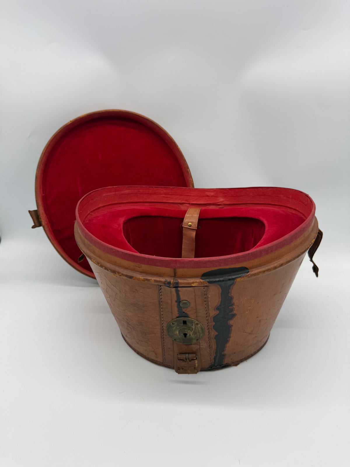 Antiker Zylinder Hutkoffer Leder Rot Samt Vintage Hutschachtel Hutbox um 1900