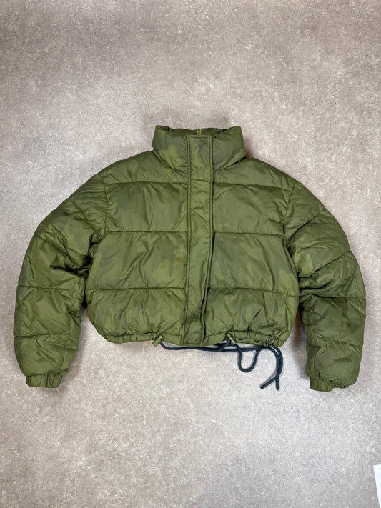 Damen Pufferjacke Olivgrün Gr. S – kurze Cropped Steppjacke