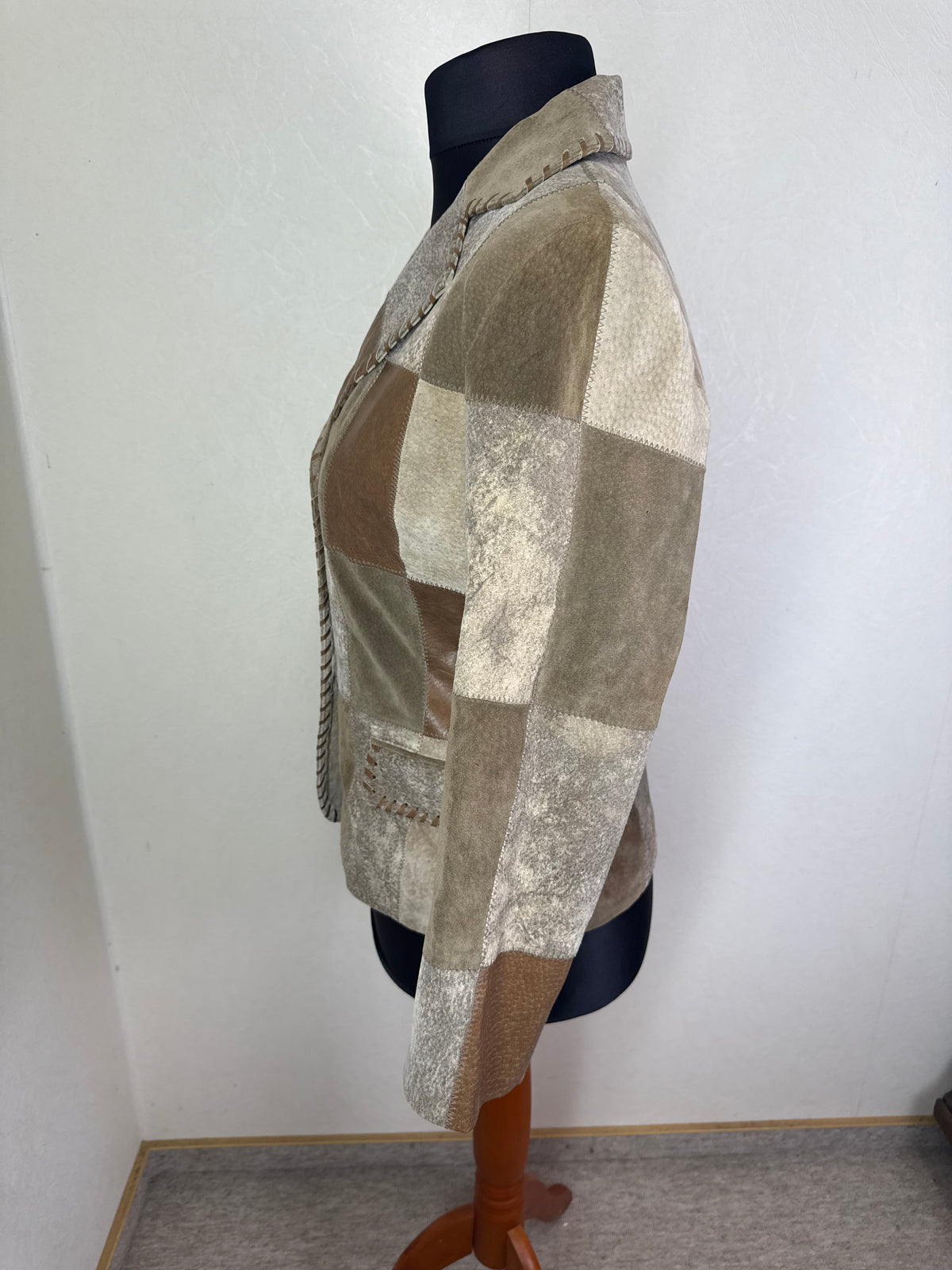 Vintage Leder Patchwork Blazer Landhaus Damen Gr. 38 Braun Beige Echtleder Jacke
