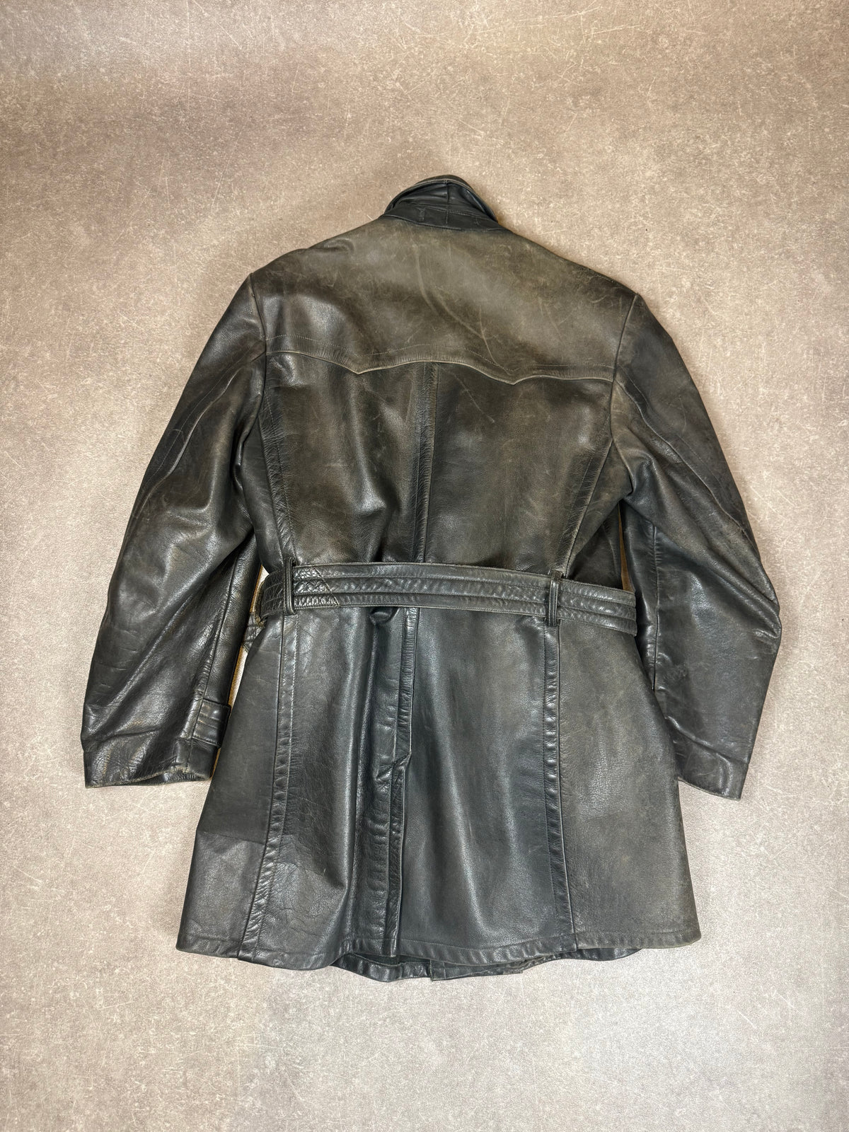 Vintage Shiva Leder Mantel Schwarz Echtleder Gürtel Motorrad Biker 70er 80er