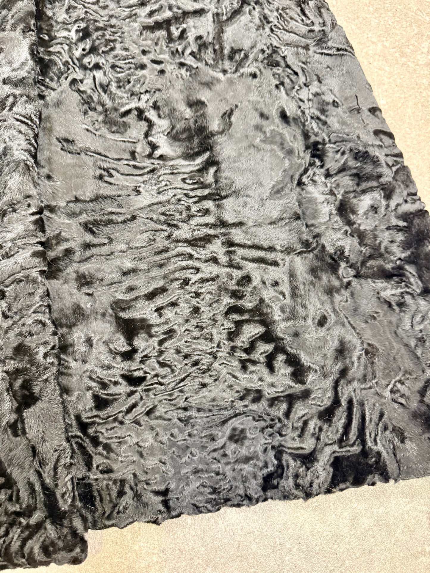 Vintage Persianer Pelzmantel Karakul Lammfell Schwarz Kapuze Damen Echtpelz L