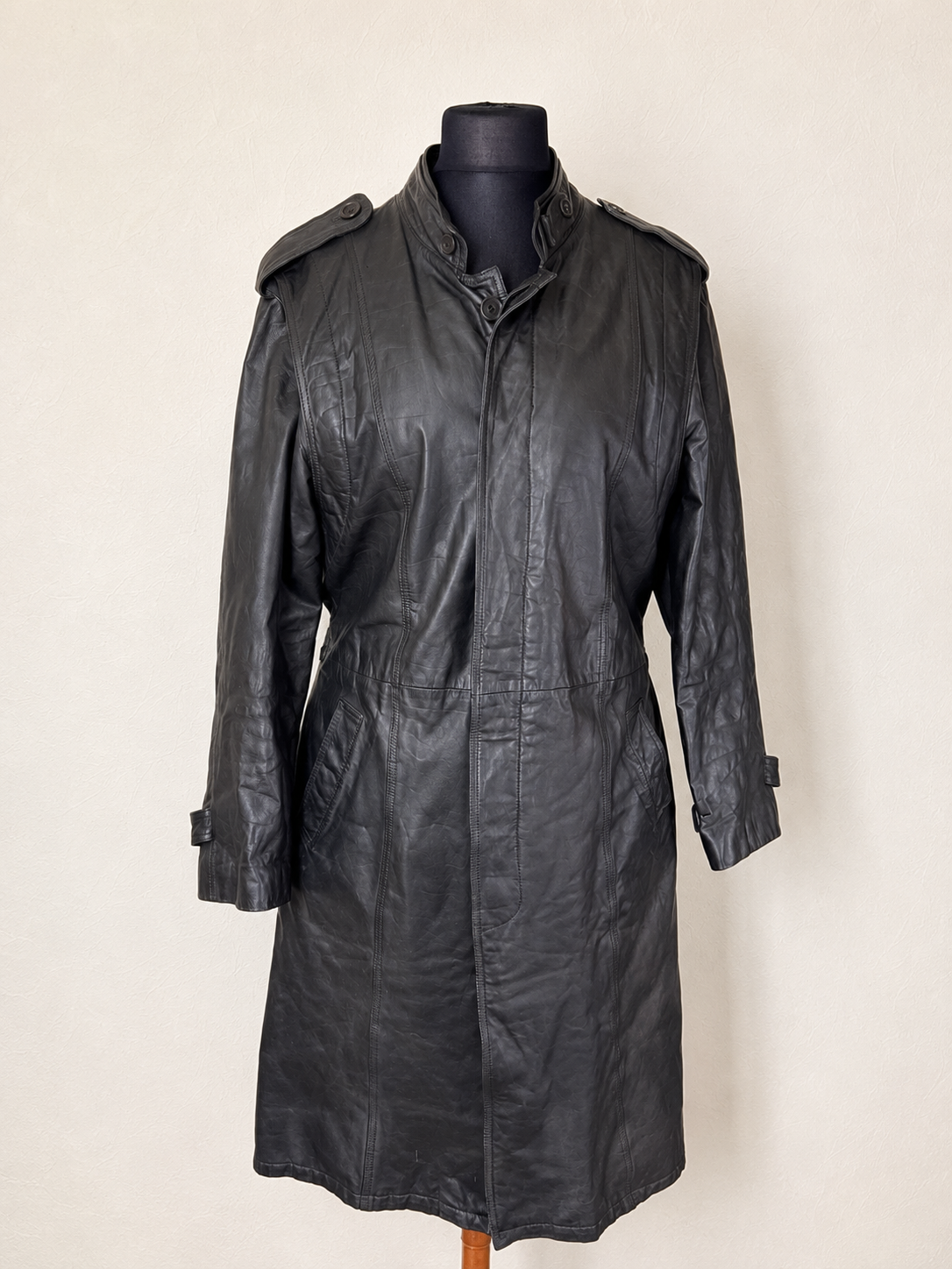 Vintage Leder Mantel Damen Schwarz Gr. ca. L XL Echtleder Langmantel Trench Coat Gürtel