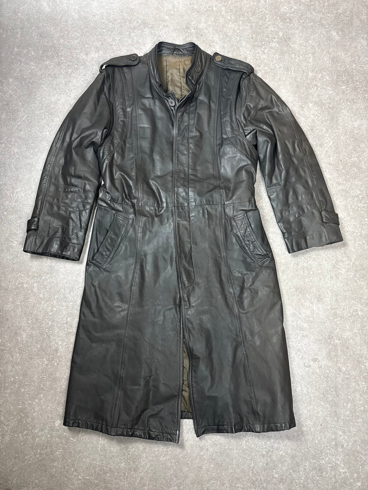 Vintage Leder Mantel Damen Schwarz Gr. ca. L XL Echtleder Langmantel Trench Coat Gürtel