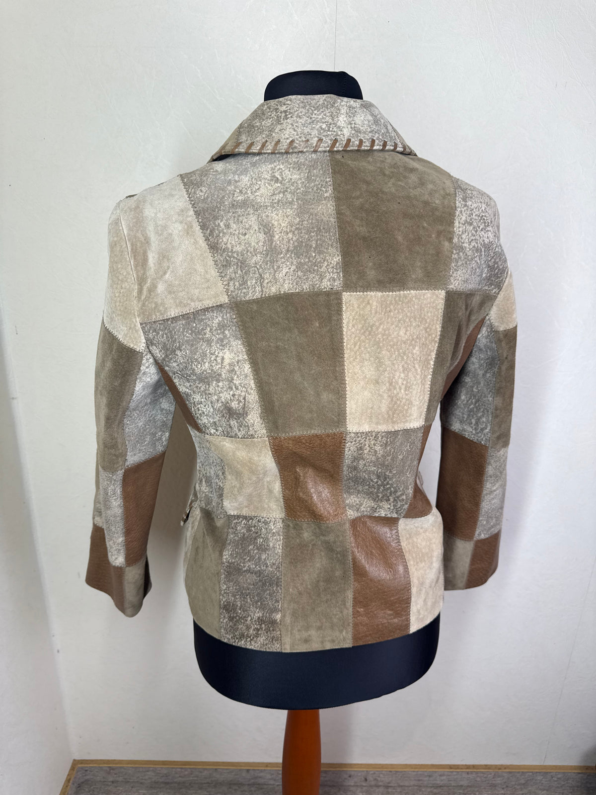 Vintage Leder Patchwork Blazer Landhaus Damen Gr. 38 Braun Beige Echtleder Jacke
