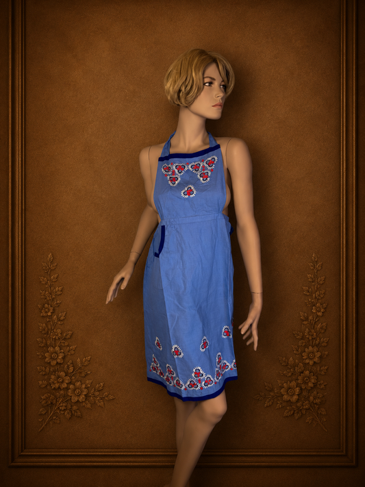 Vintage Damen Latzschürze Blau Bestickt Blumen Trägerschürze Landhaus