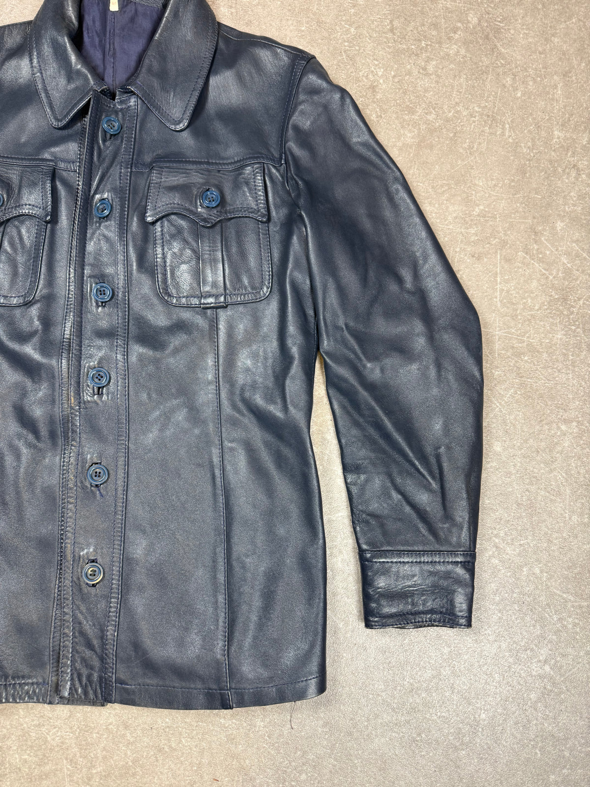 Vintage Herren Lederjacke Dunkelblau – Echtleder Hemdjacke 70er 80er Jahre