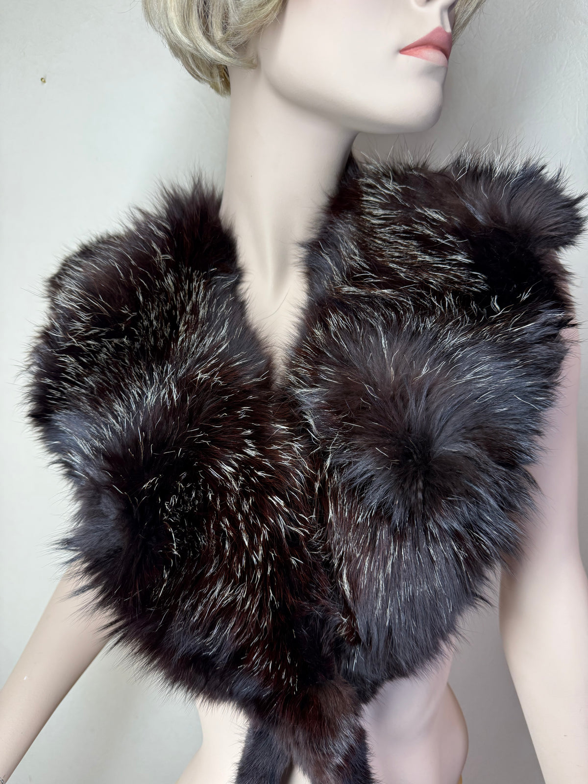 Vintage Silberfuchs Pelzstola Schwarz Echtfell Fuchs Fox Fur mit Pfoten ca. 110 cm