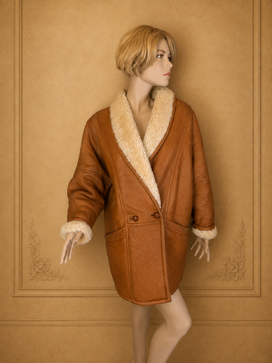 Vintage Lammfellmantel Braun – Echtleder Shearling Oversize Mantel