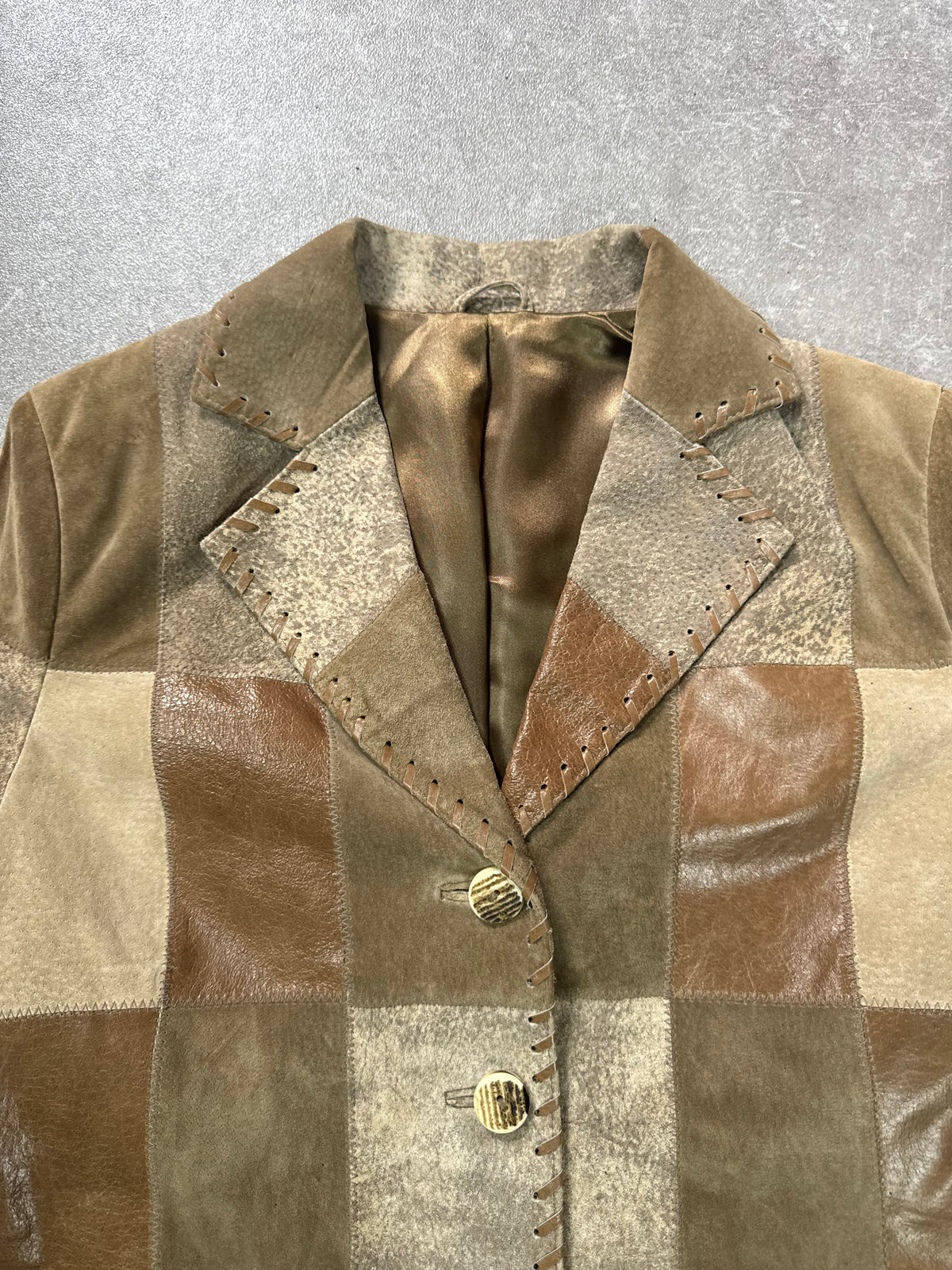 Vintage Leder Patchwork Blazer Landhaus Damen Gr. 38 Braun Beige Echtleder Jacke