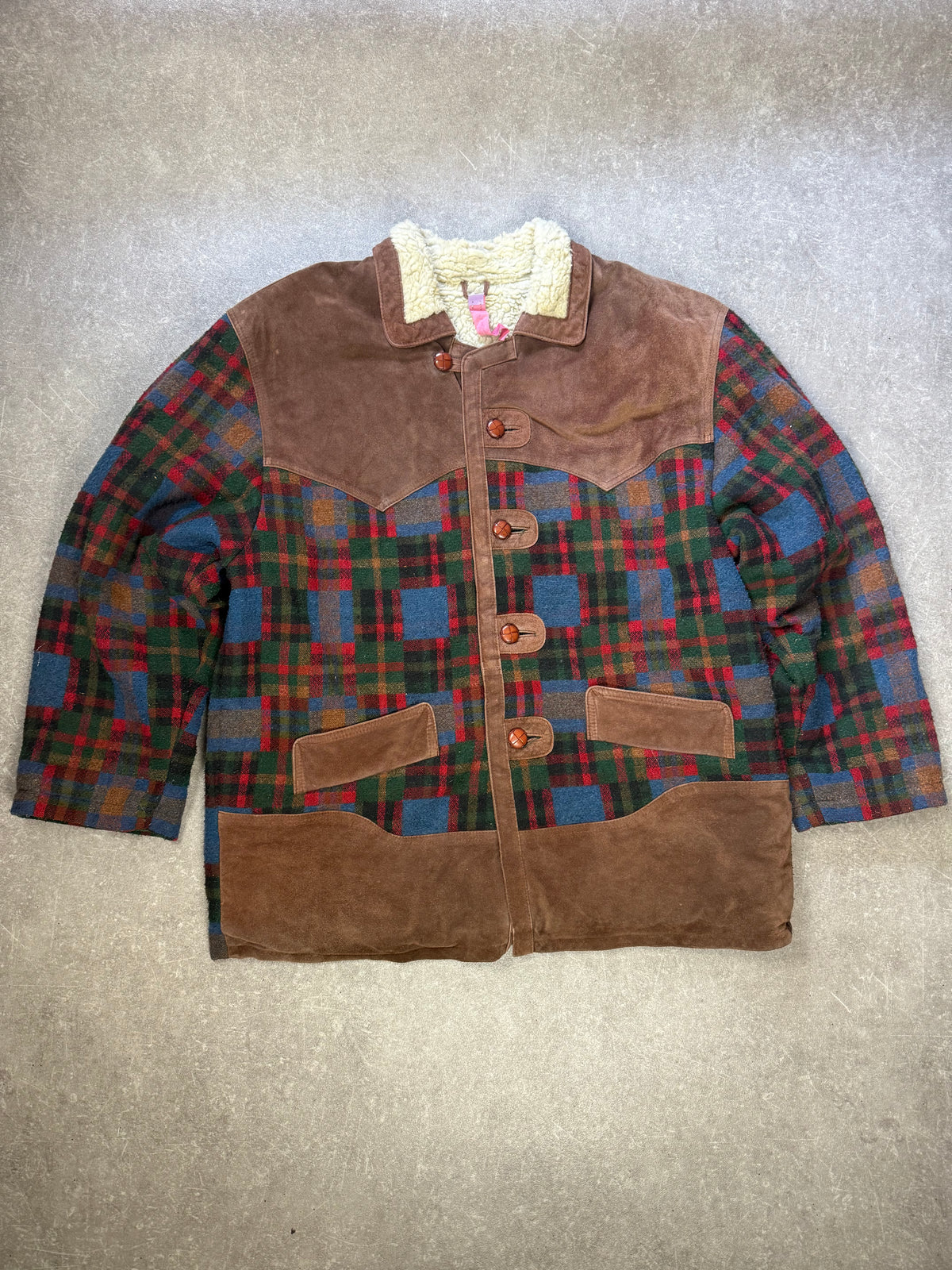 Vintage Lammfelljacke Gr. 48 Karojacke Echtleder Wolle Teddyfutter Oversize