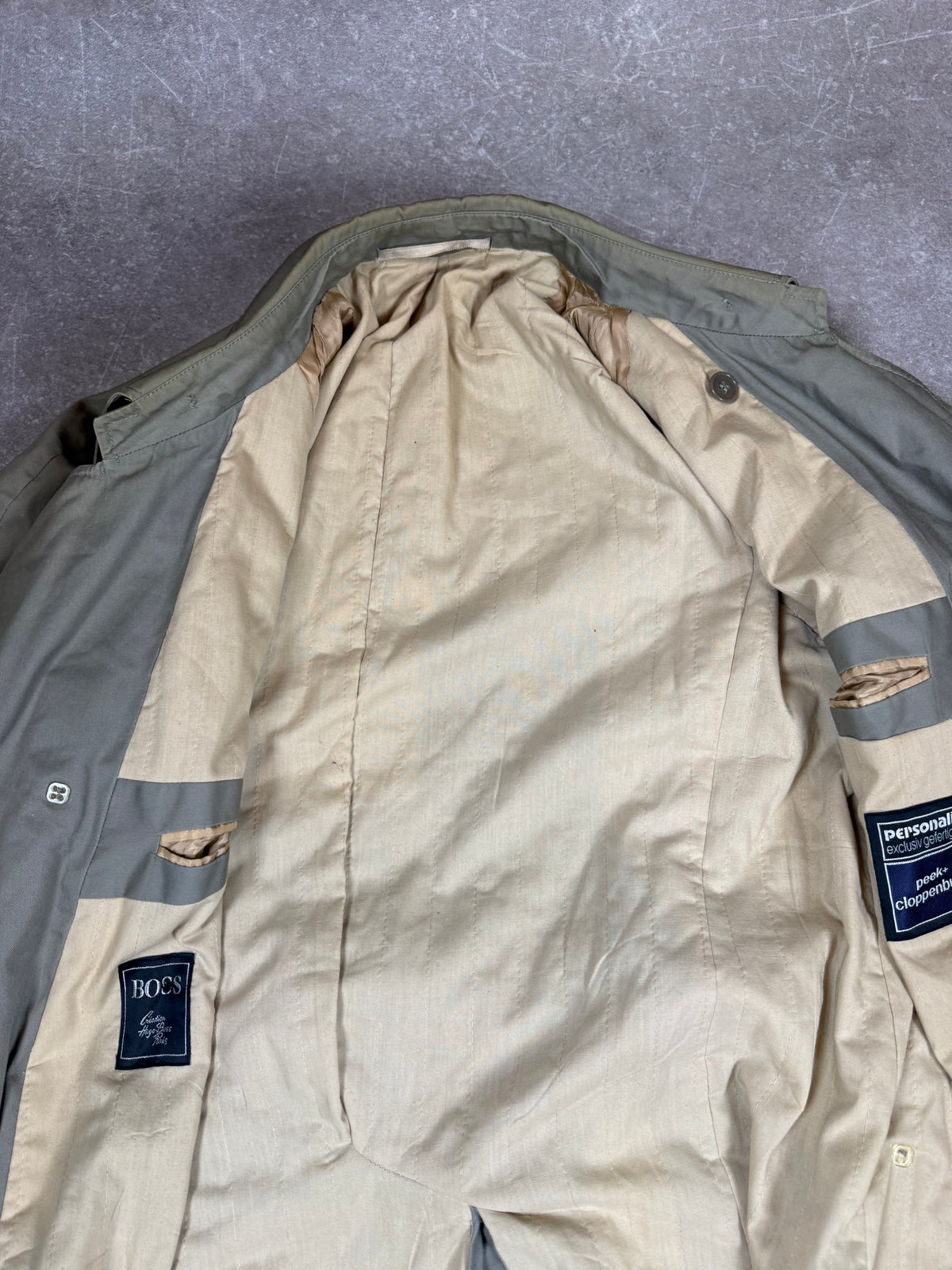 Vintage Hugo Boss Trenchcoat Herren – 80er/90er Jahre Khaki Mantel P&C
