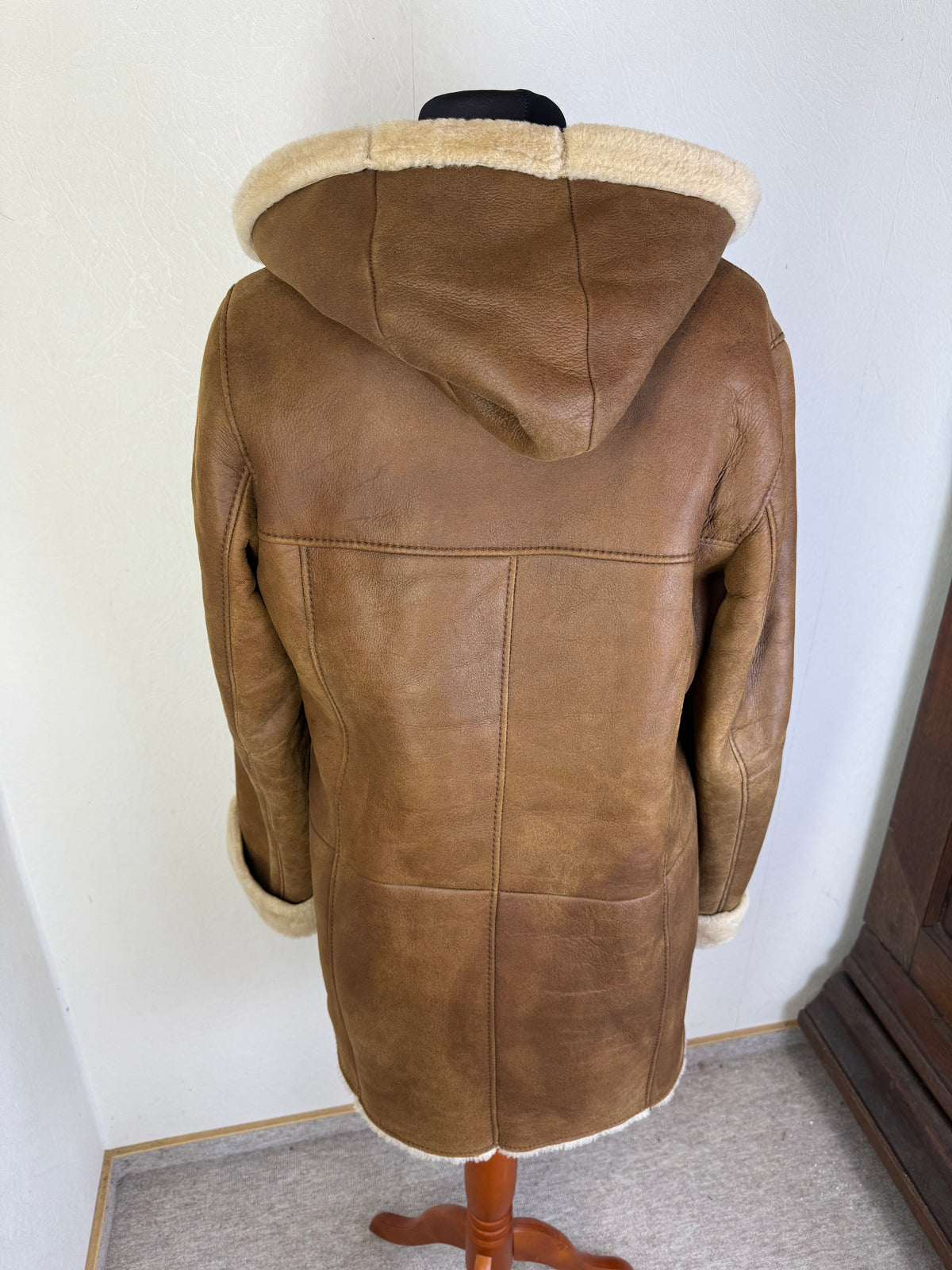 CHRIST Lammfellmantel Damen Braun Vintage Echtleder Shearling Kapuze